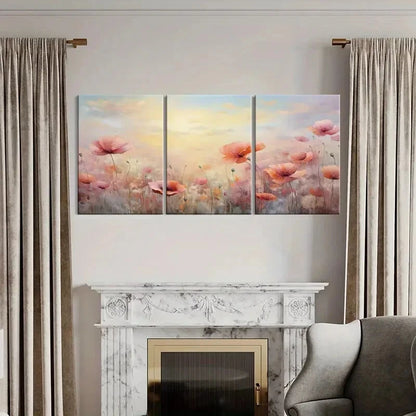 3pcs Poppy Field Soft Pastel Dreamy Lands Colors Metal Print Ready to Hang Art