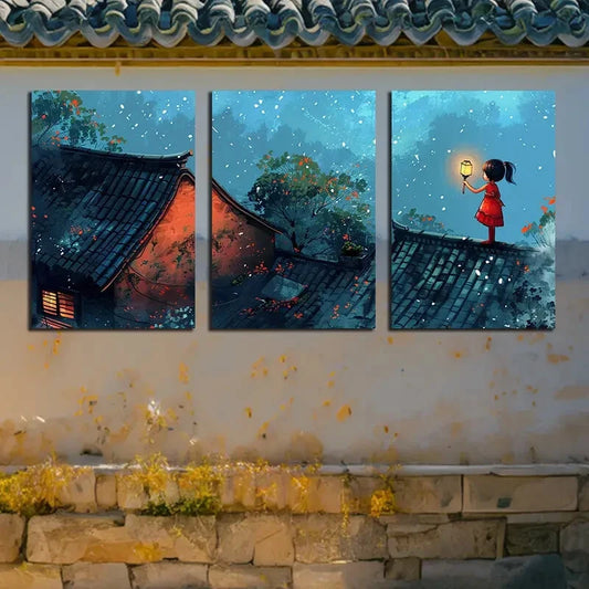 3pcs Elves Perch on The Cliffs of Mushroom Roofs Metal Print Ready to Hang Art