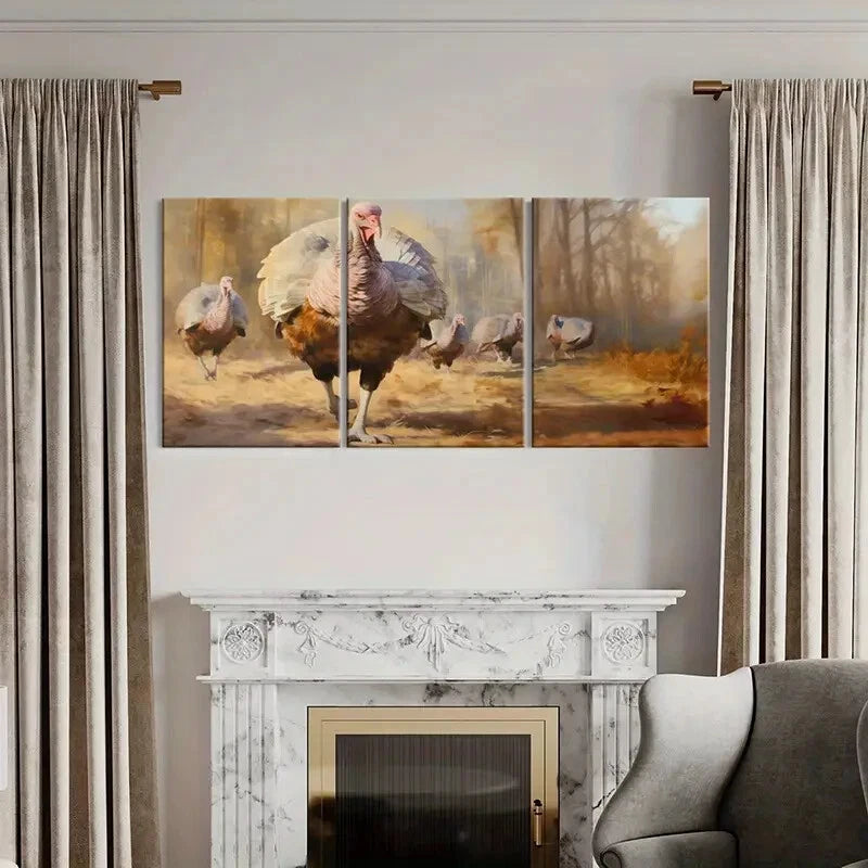 3pcs Autumn Forest Turkey Flock Art Print Metal Print Ready to Hang Art