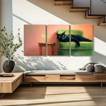 3pcs Modern Vibrant Black Cat & Green Chair Metal Print Ready to Hang Art