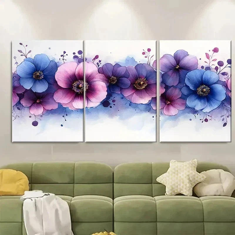 3pcs Purple and Blue Splash Print ER  Wall Art Set Canvas Framed 50x70cm - High Quality Print 100% Australian Made Wall Canvas Ready to Hang