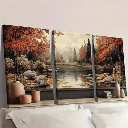 3pcs Serene for Lotus Pond Landscape Wall Art Set Canvas Framed 40x60cm - High Quality Print 100% Australian Made Wall Canvas Ready to Hang