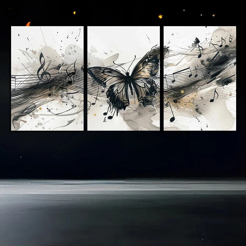 3pcs Ink Butterfly Modern Abstract Musical Notes Metal Print Ready to Hang Art