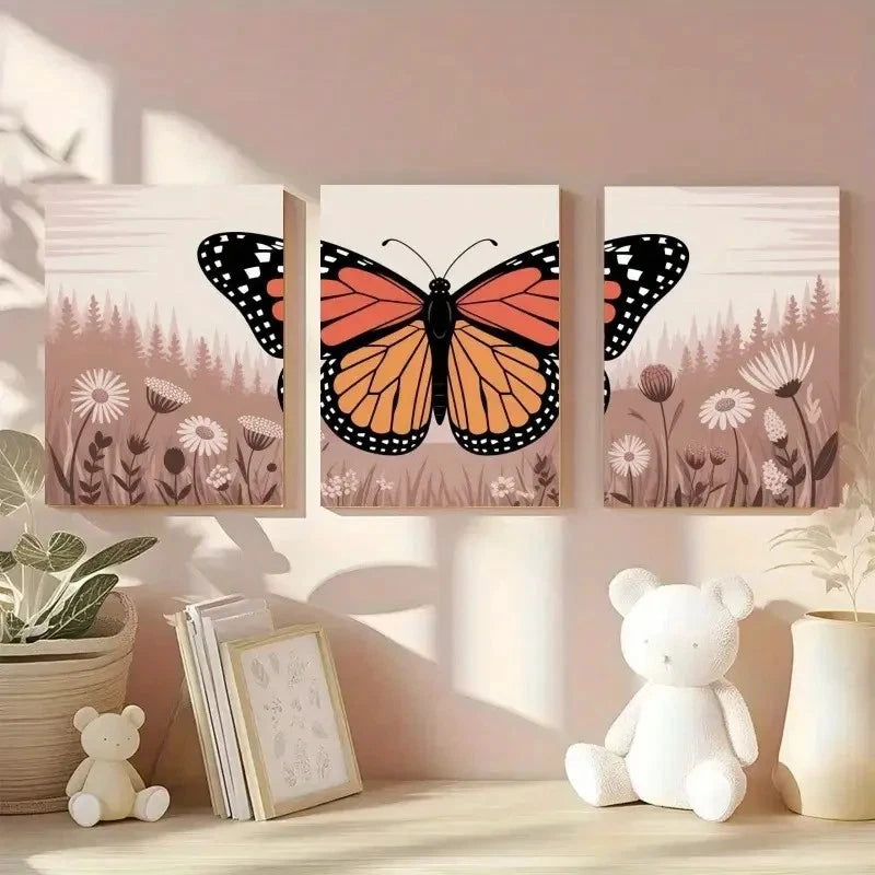 3pcs Nature Scene with Monarch Butterfly Daisies Metal Print Ready to Hang Art
