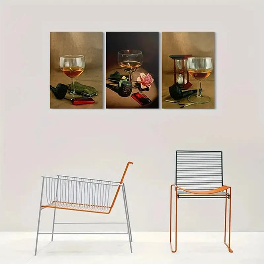 3pcs Vintage Wine Glass Pipe and Timer Metal Print Ready to Hang Art