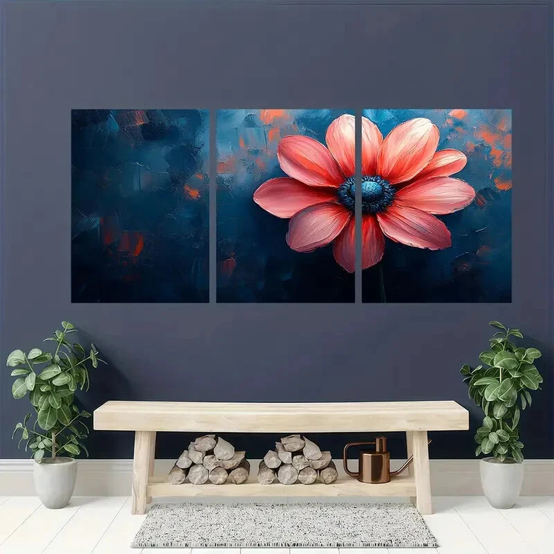 3pcs Vibrant Blue & Pink Floral Design Metal Print Ready to Hang Art