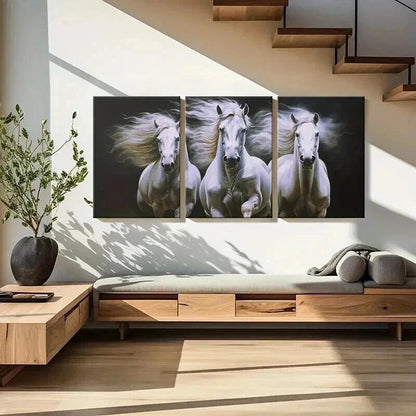 3pcs Galloping Three White Horses Metal Print Ready to Hang Art