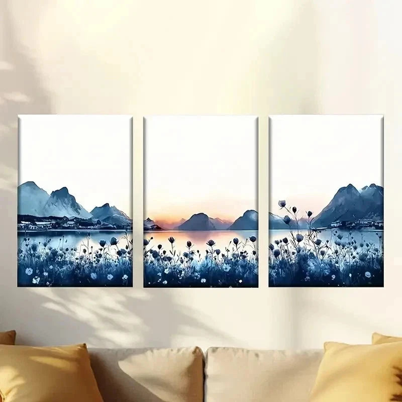 3pcs  Painting of a Lake with Mountains Wall Art Set Canvas Framed 40x60cm - High Quality Print 100% Australian Made Wall Canvas Ready to Hang