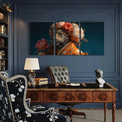 3pcs Elegant Leopard Floral Crown Orange Kimono Metal Print Ready to Hang Art