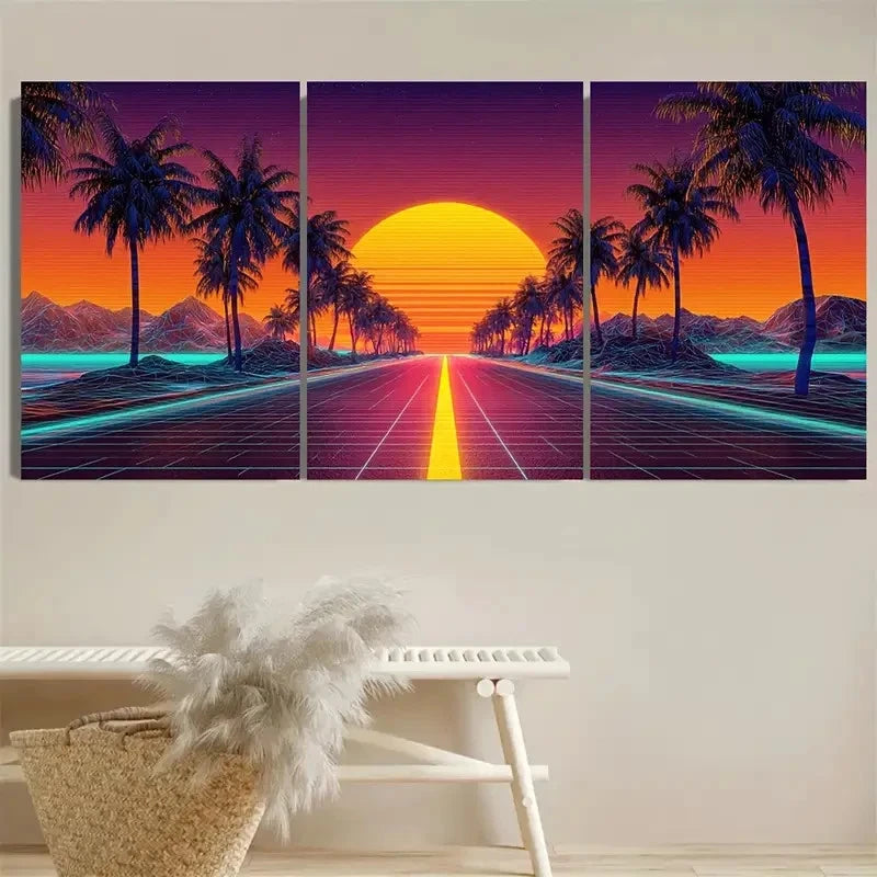 3pcs Neon Sunset Palm Tree Synthwave Retro Art Wall Art Set Canvas Framed 40x60cm - High Quality Print 100% Australian Made Wall Canvas Ready to Hang