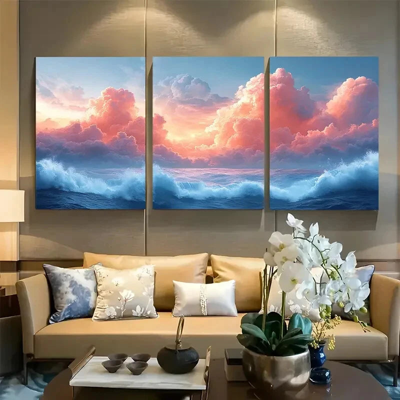 3pcs Vibrant Cloud with Ocean Waves Design Metal Print Ready to Hang Art