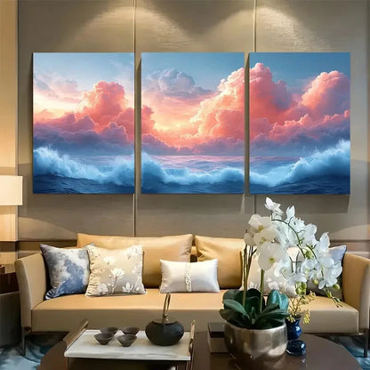 3pcs Vibrant Cloud with Ocean Waves Design Metal Print Ready to Hang Art