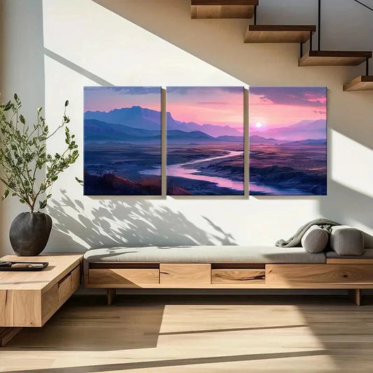 3pcs Sunset Landscape Mountain View River Flow Metal Print Ready to Hang Art