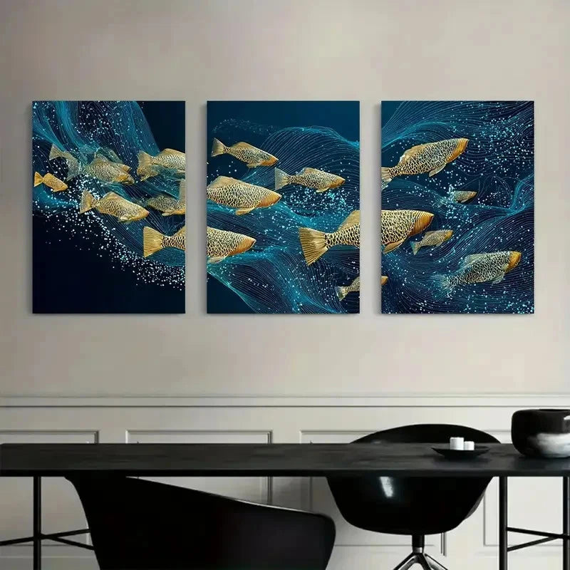 3pcs School of Fish Swimming in Ocean Metal Print Ready to Hang Art