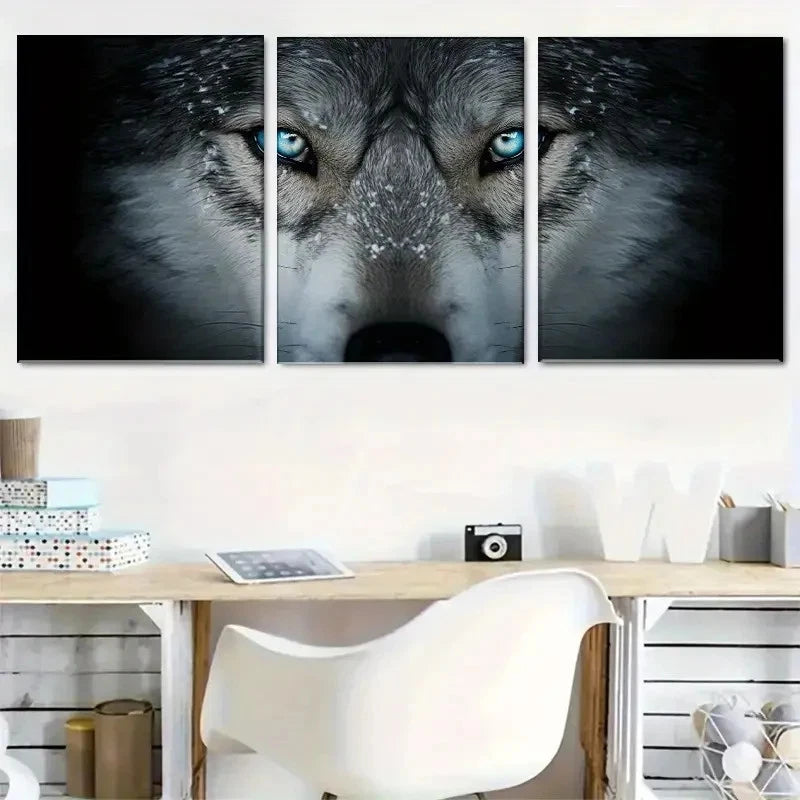 3pcs Wolf with Blue Eyes and Sharp Teeth Metal Print Ready to Hang Art