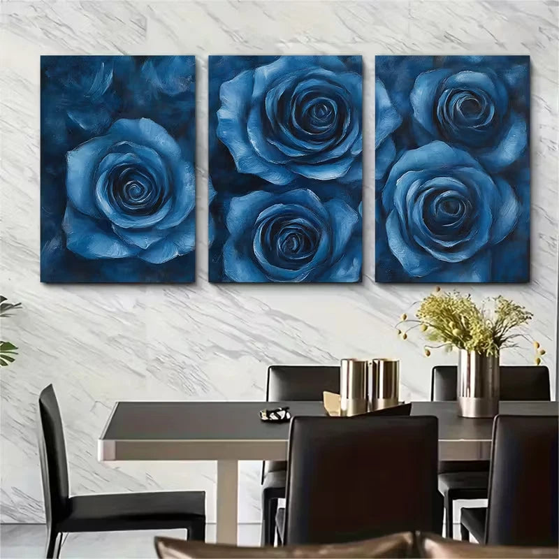 3pcs Deep Blue Roses Metal Print Ready to Hang Art