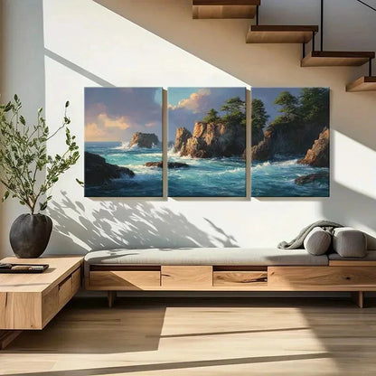 3pcs Serene Coastal Ocean Waves & Rocky Cliffs Metal Print Ready to Hang Art