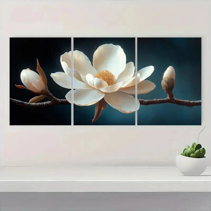 3pcs Elegant White Magnolia Flower Serene Floral Metal Print Ready to Hang Art