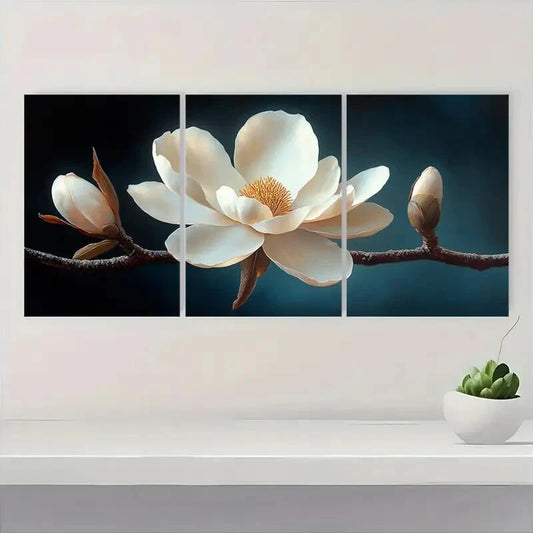 3pcs Elegant White Magnolia Flower Serene Floral Metal Print Ready to Hang Art