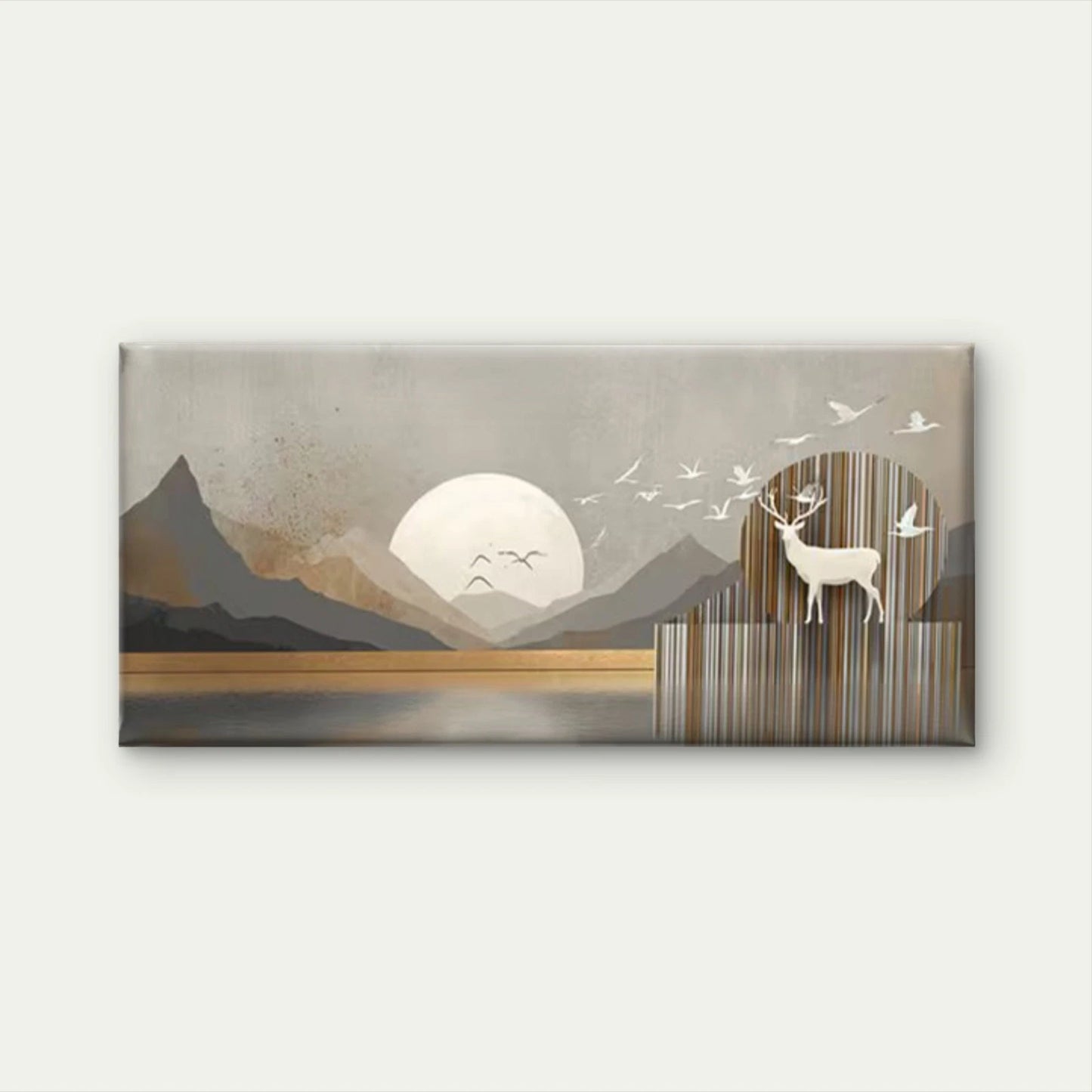 Minimalist Mountain Lake & Deer Wall Art Canvas Office Home Room Framed 120x60cm