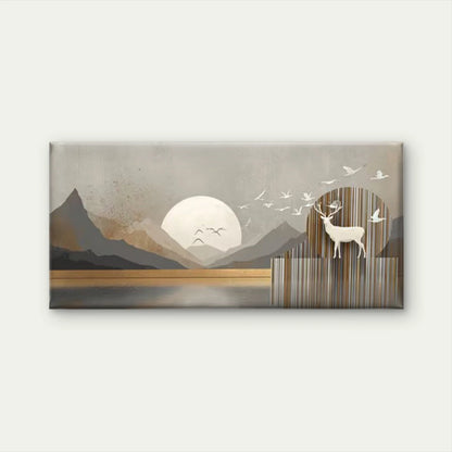 Minimalist Mountain Lake & Deer Wall Art Canvas Office Home Room Framed 120x60cm