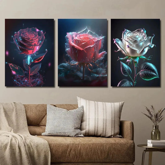 3pcs Beautiful Crystal Rose Bouquet Metal Print Ready to Hang Art
