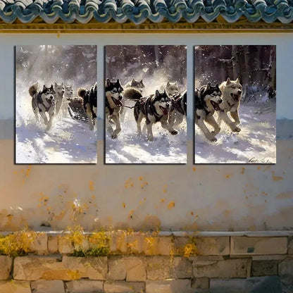 3pcs Sled Dog Pulling Illustration Metal Print Ready to Hang Art
