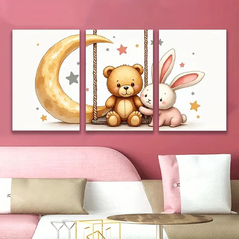 3pcs Teddy Bear And Rabbit Print Wall Art Set Canvas Framed 40x60cm - High Quality Print 100% Australian Made Wall Canvas Ready to Hang