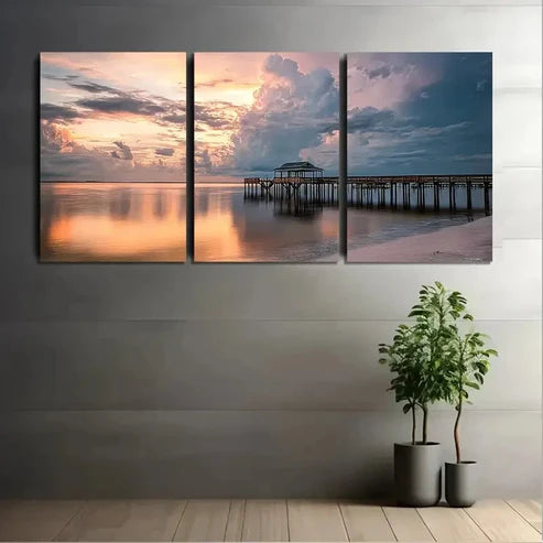3pcs Gulf Coast Pier Seascape With Rustic Wall Art Canvas Unframed - High Quality Print 100% Australian Made Wall Canvas