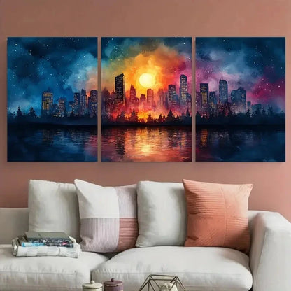 3pcs Vibrant Cityscape Night Abstract Watercolor Metal Print Ready to Hang Art