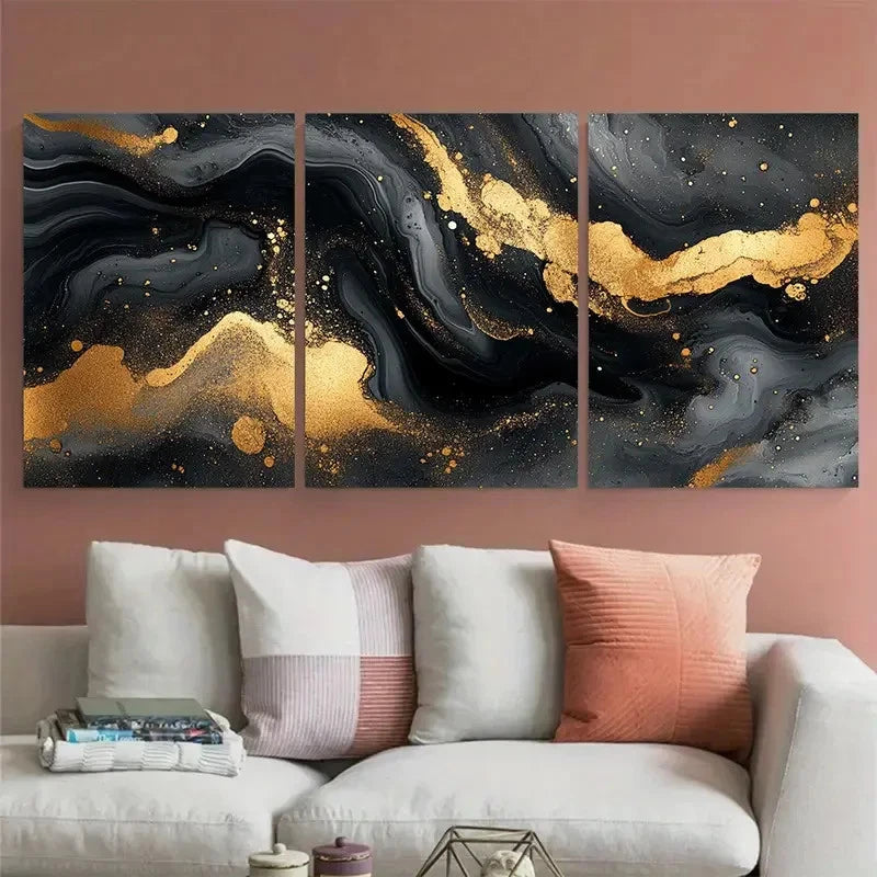 3pcs Elegant Fluid Ink Marbling Black and Golden Wall Art Set Canvas Framed 60x90cm - High Quality Print 100% Australian Made Wall Canvas Ready to Hang