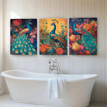 3pcs Vibrant PeaRooster & Floral Nature Metal Print Ready to Hang Art