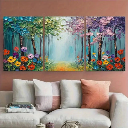 3pcs Colorful Flower and Green Tree Tranquil Metal Print Ready to Hang Art