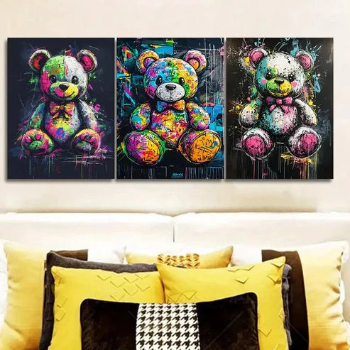 3pcs Colorful teddy bear graffiti Wall Art Canvas Unframed - High Quality Print 100% Australian Made Wall Canvas