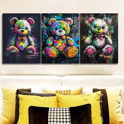 3pcs Colorful teddy bear graffiti Wall Art Canvas Unframed - High Quality Print 100% Australian Made Wall Canvas