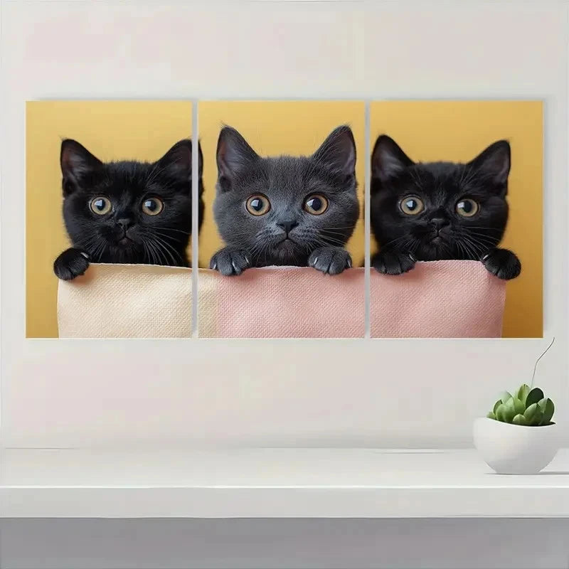 3pcs Adorable Black Playful Cats Painting Metal Print Ready to Hang Art