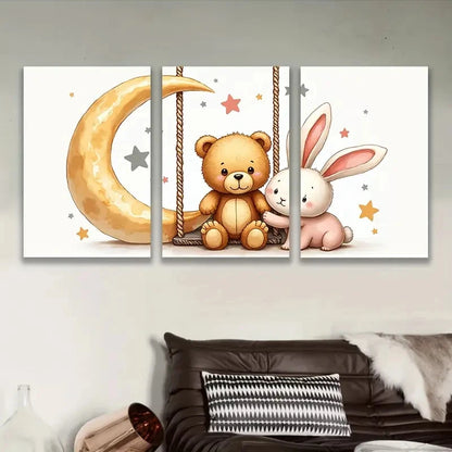 3pcs Teddy Bear And Rabbit Print Wall Art Set Canvas Framed 40x60cm - High Quality Print 100% Australian Made Wall Canvas Ready to Hang