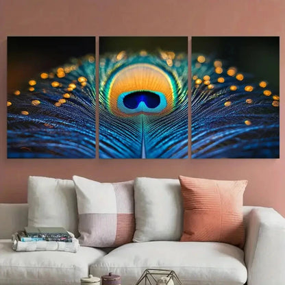3pcs Vibrant Peacock Feather Macro Exotic Wildlife Metal Print Ready to Hang Art