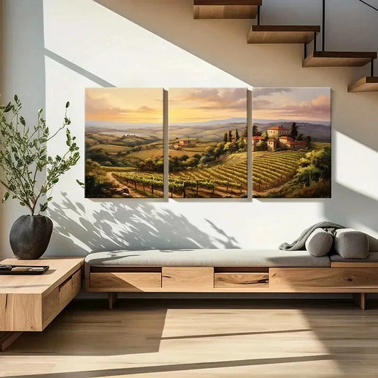 3pcs Sunset Vineyard Tuscan Hills Rural Landscape Metal Print Ready to Hang Art