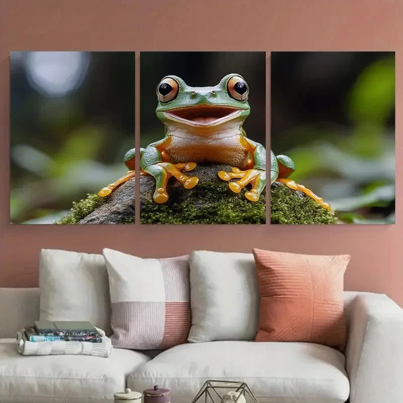 3pcs Happy Tree Frog Laughing on Mossy Rock Metal Print Ready to Hang Art