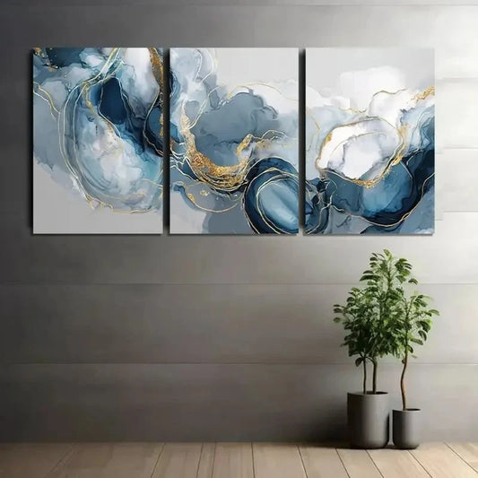 3pcs White/Blue Abstract Smoke Designs Metal Print Ready to Hang Art