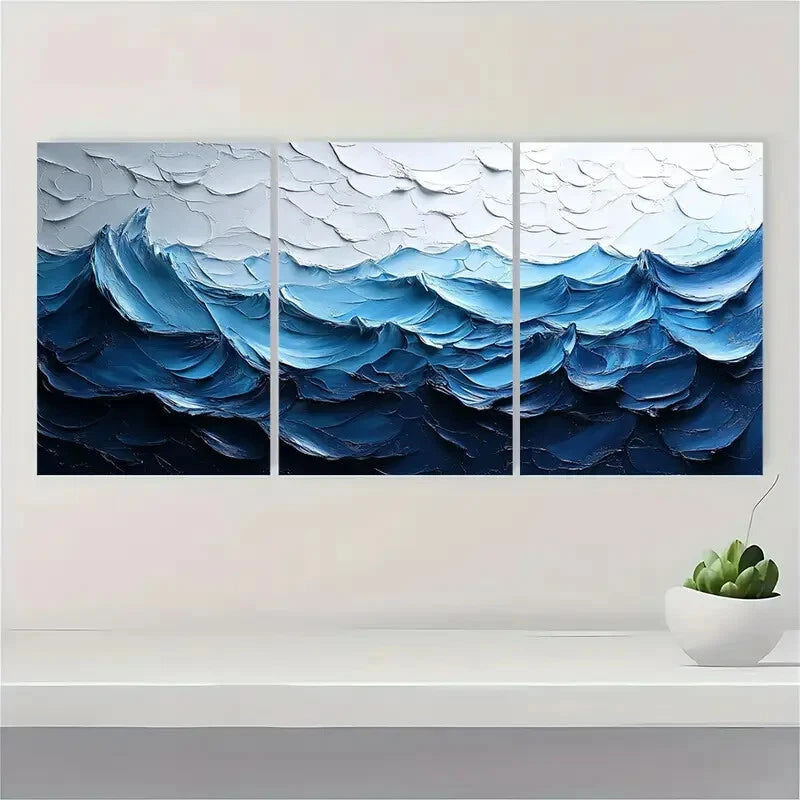 3pcs Original White Wave Texture Painting Metal Print Ready to Hang Art