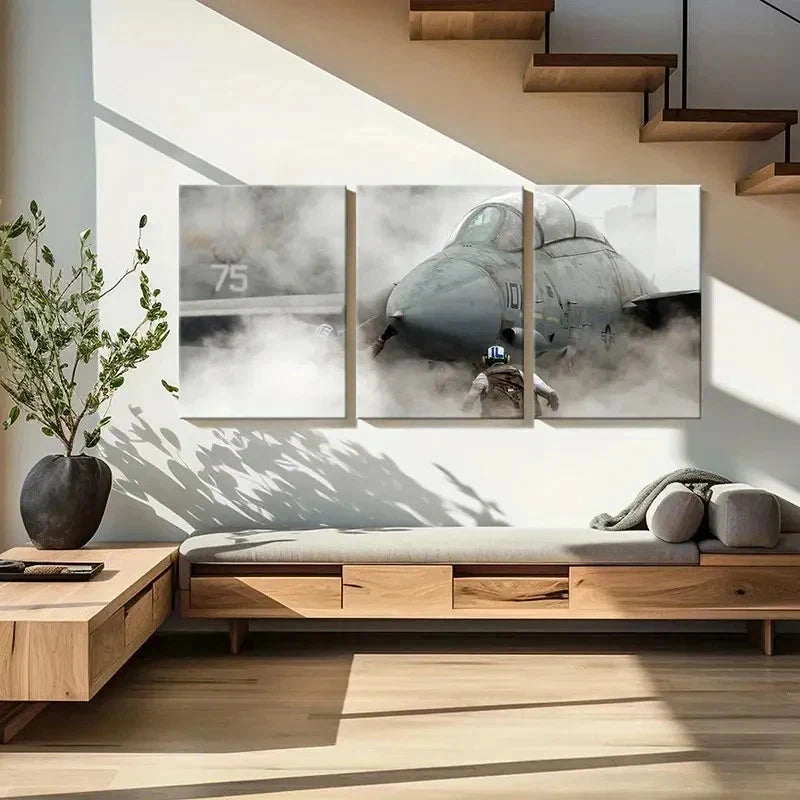 3pcs Military Theme Fighter Jet Through Smoke Wall Art Set Canvas Framed 40x60cm - High Quality Print 100% Australian Made Wall Canvas Ready to Hang