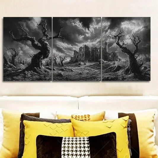 3pcs Cottage Surrounded by Dead Trees Metal Print Ready to Hang Art