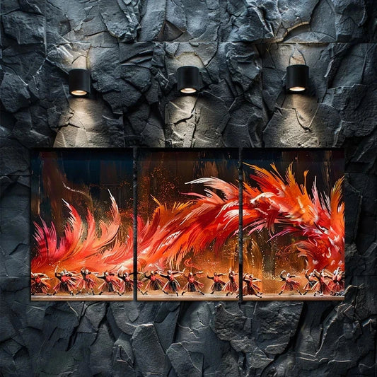 3pcs Vibrant Fiery Phoenix Dance Illustration Metal Print Ready to Hang Art