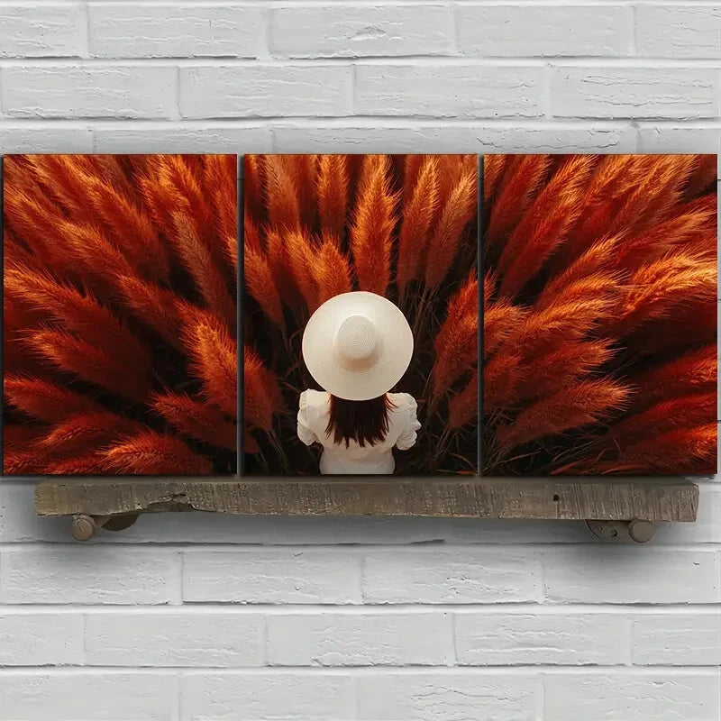 3pcs Abstract Grass Straw Hat Modern Metal Print Ready to Hang Art