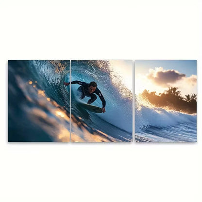 3pcs Surfing Ocean Wave In Sunlight Metal Print Ready to Hang Art