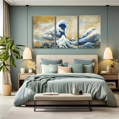 3pcs Golden and Blue Abstract Ocean Scene Metal Print Ready to Hang Art