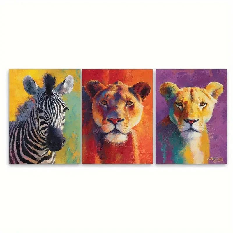 3pcs Lion and Zebra Vibrant Illustration Wall Art Set Canvas Framed 60x90cm - High Quality Print 100% Australian Made Wall Canvas Ready to Hang