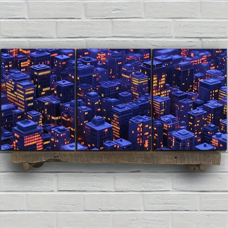 3pcs Neon City Painting Buildings Metal Print Ready to Hang Art